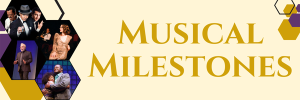 Banner with the text 'Musical Milestones' in large gold letters on a cream background, featuring geometric accents and images of various performers in hexagonal frames